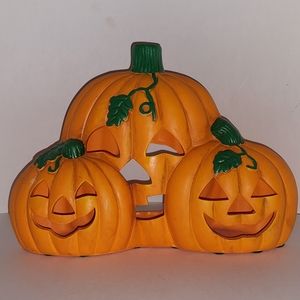 Trio of Ceramic Candle Holder Happy Pumpkins